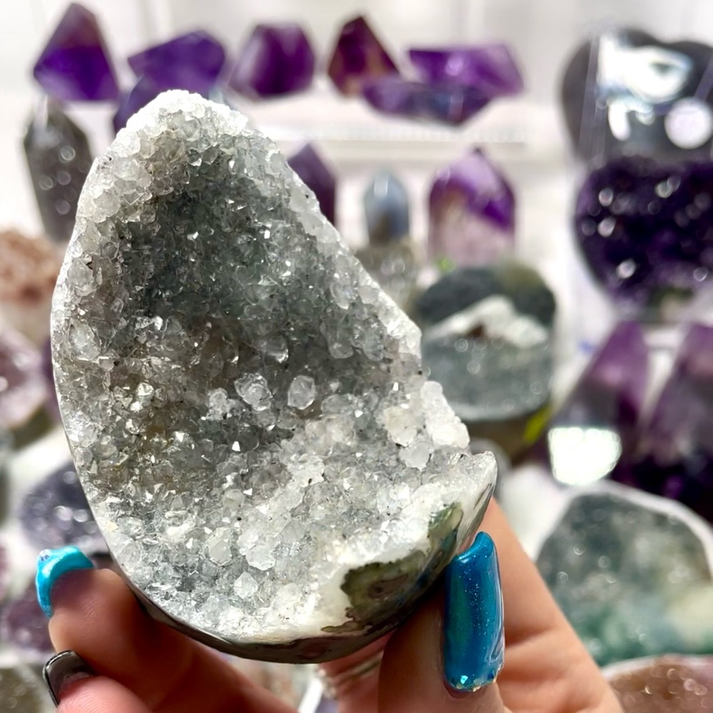 Gray Crystal Amethyst Agate Half Moon Bowl Geode | Brazil